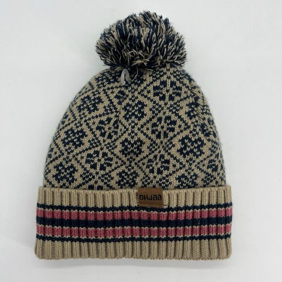 Knitted Beanie Hat Fleece Lined Pom Pom Stretches To Fit Most Snowflake Pattern - Picture 1 of 5